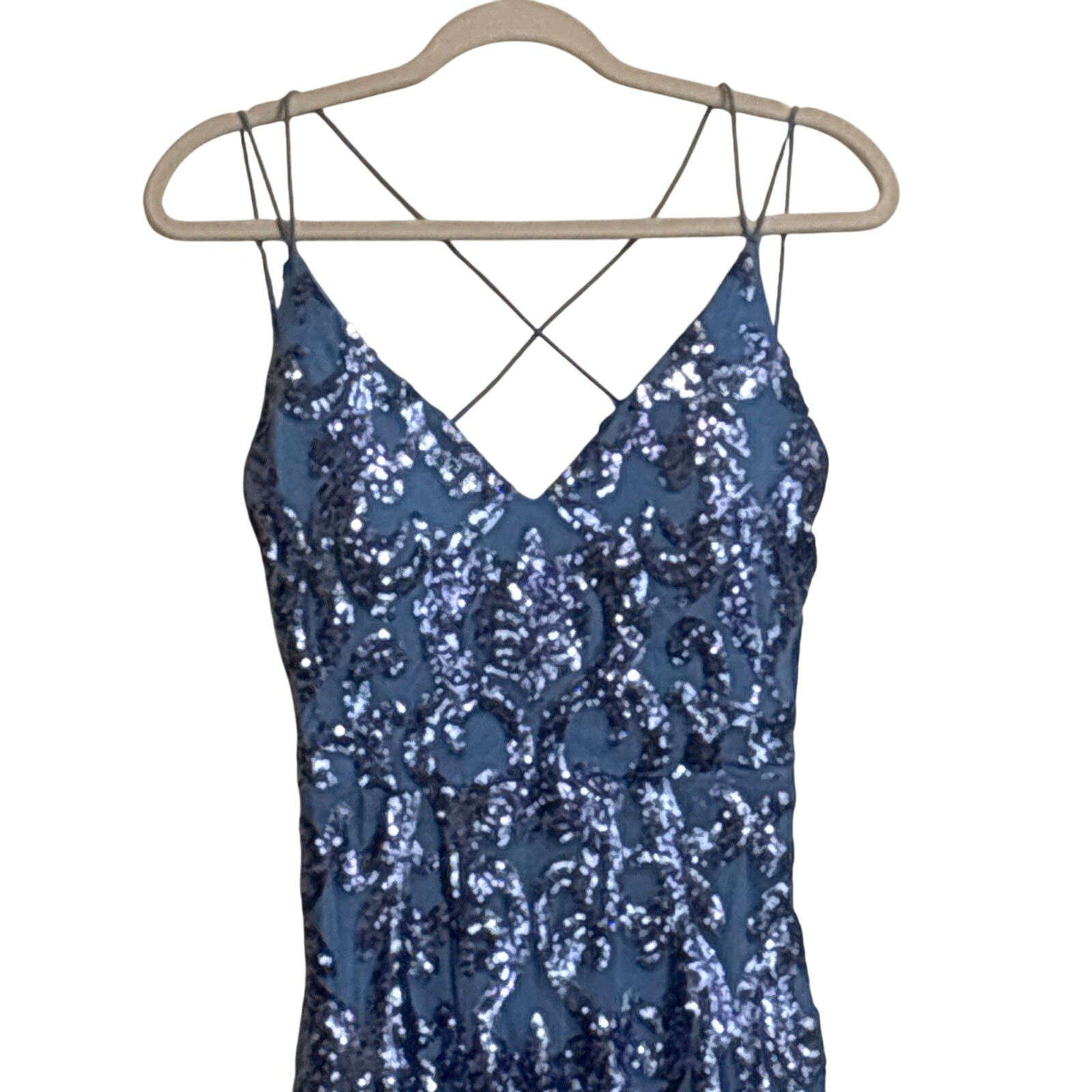 B. Darlin Blue Sequin Formal Dress Floor Length Exposed Back Size M