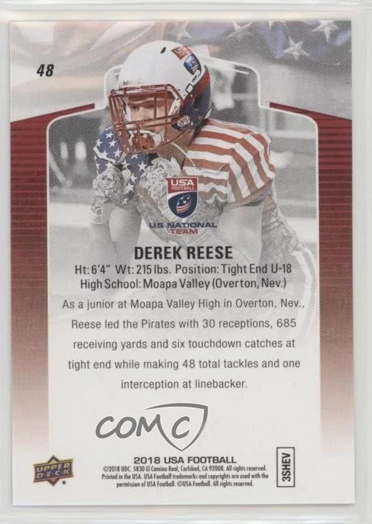 2018 Upper Deck USA Football Blue Border Derek Reese #48 - Image 2 of 2