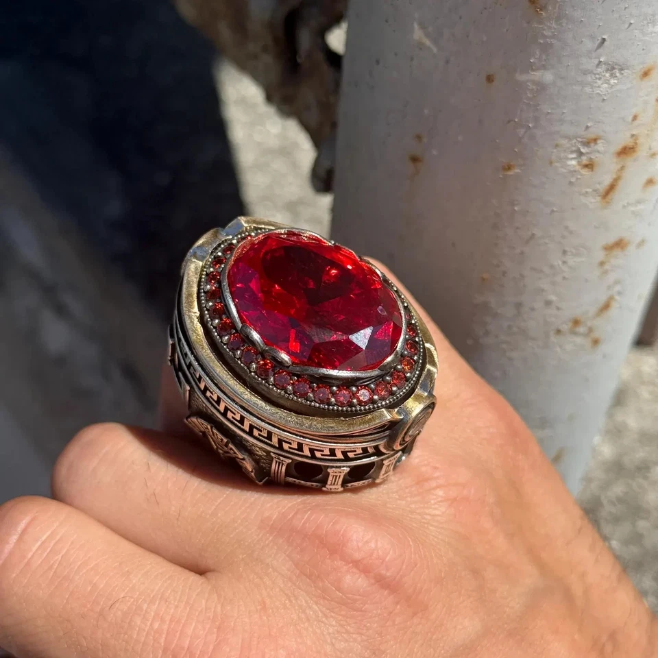 Anillo grande de piedra rubí hecho a mano para hombre hecho a mano estilo otomano anillo para hombre Foto 3 de 4