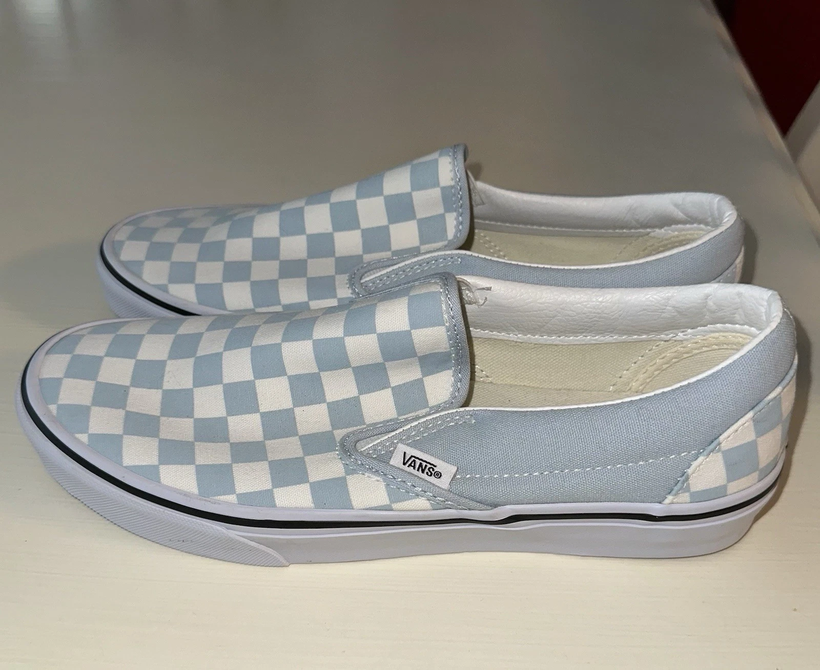 Vans slip on scacchiera donna taglia 9 5 uomo 8 blu chiaro casual spiaggia nuovo senza scatola