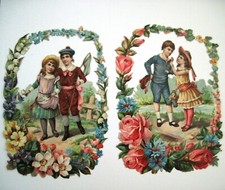 One Set of 2 Die Cuts Valentines w/ Boys  Sweet Girl Giving Flowers 