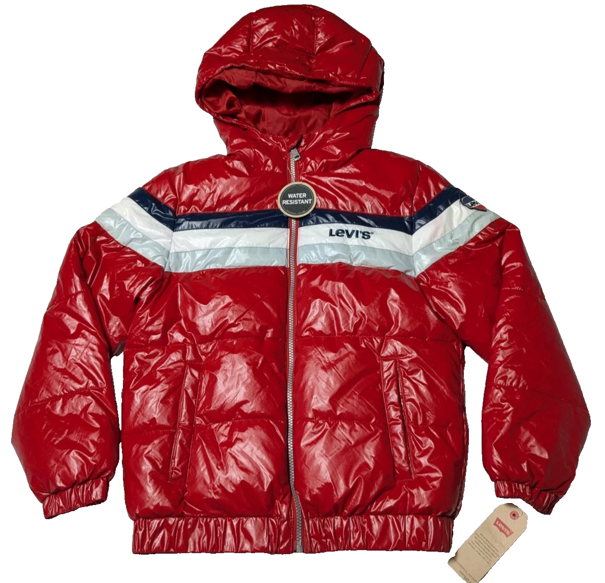 LEVIS Boys Large (12-13 Yrs) Red Nylon Full Zip Hooded Puffer Jacket NEW
