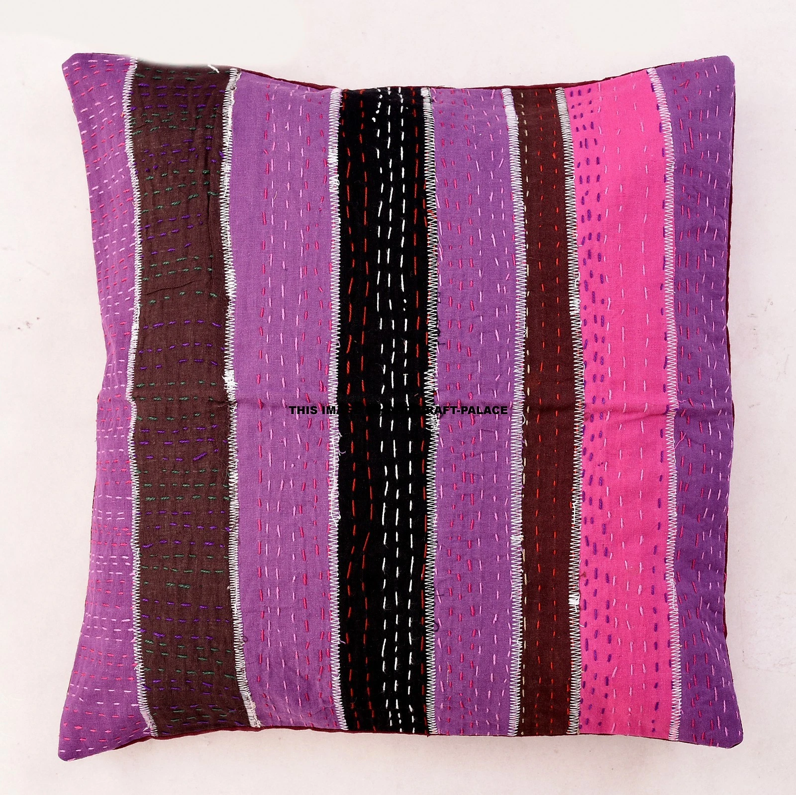16" Cushion Cover Kantha Patchwork Stripe Throw Indien Cotton Handmade Sofa Sham