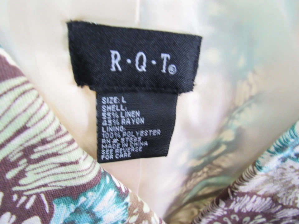 R Q T Blazer L 码棕色蓝色花卉衬里长袖纽扣前人造口袋 — 第 2/3 张图片