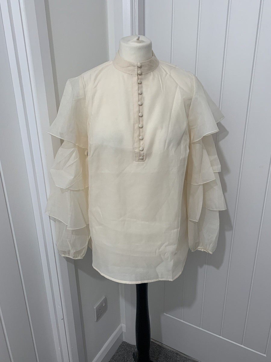 Mint Velvet Pale Pink Neutral Button Up Organza Ruffle Sleeve