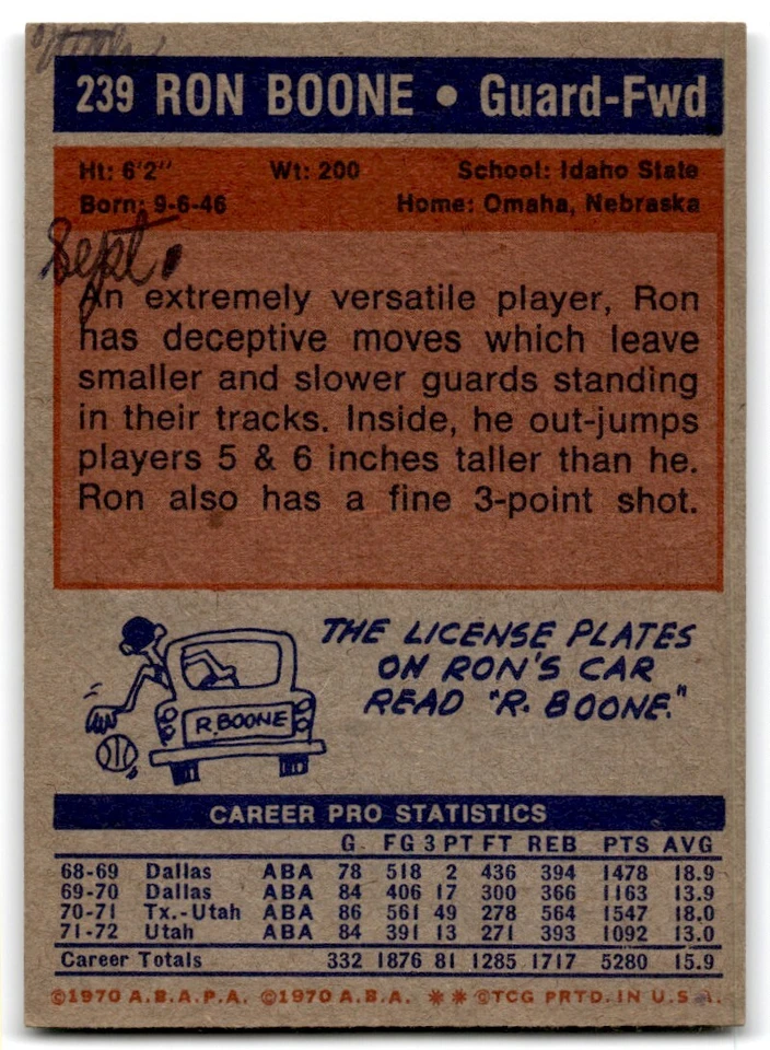 1972-73 Topps Ron Boone Basketball Cards #239 - Image 2 of 2