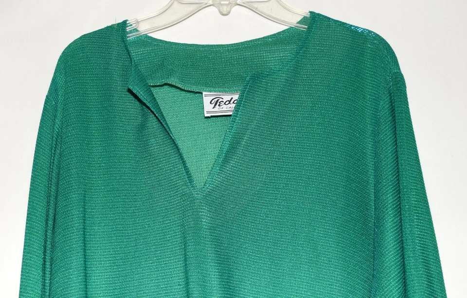 Vintage 70s Teddi of California Green Sparkle Side Tie Disco Top Size 14 USA - Image 2 of 4