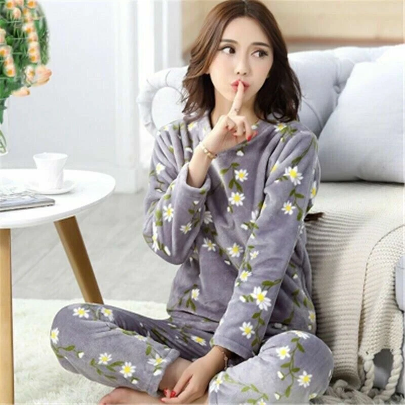 Women Warm Winter Coral Fleece Pyjamas Set Soft Plush Fleece