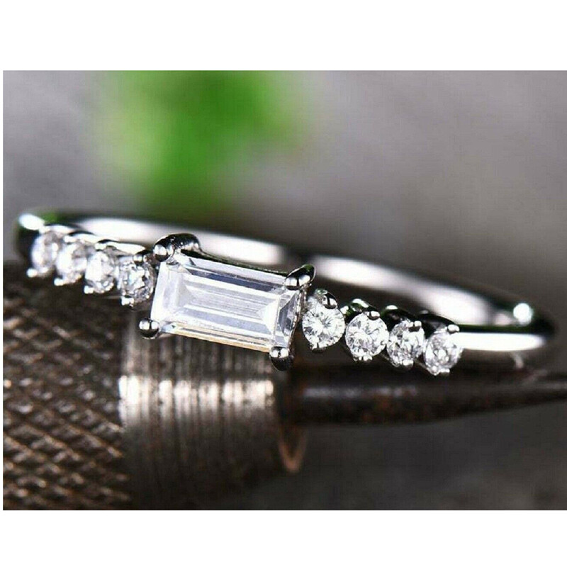 Emerald Cut Solitaire Band White Sapphire Engagement Ring 925 Silver