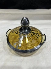 Vintage amber, etched Flowers,W/metal overlay Covered glass dish. 5.25”T X 4.5”