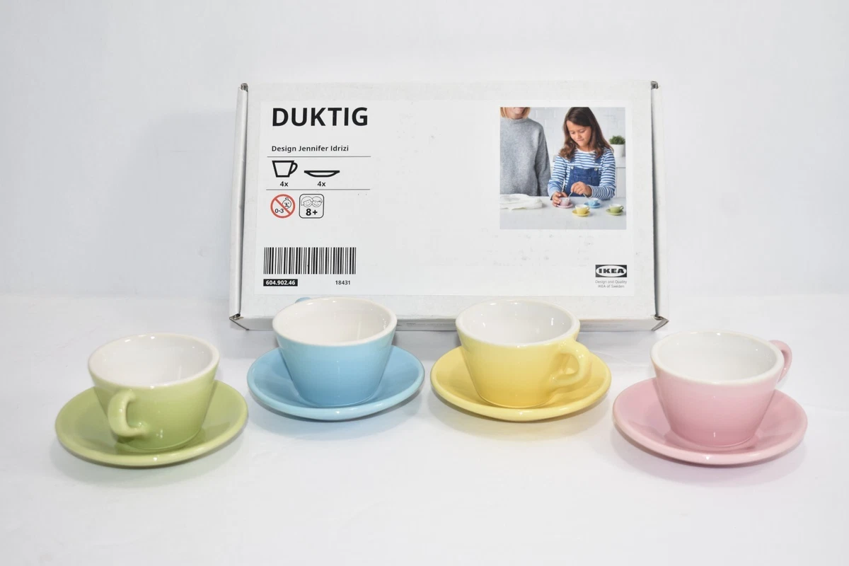 Ikea DUKTIG 8 Piece Cup Saucer Playset Mixed Colors 604.902.46 New