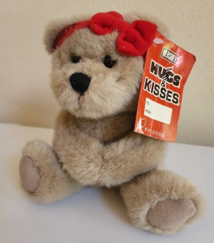 HERSHEYS Vintage 2001 Hugs & Kisses 7" Tan Teddy Bear Plush Red Headband Bow Tag - Picture 1 of 4