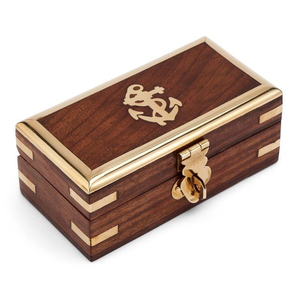 10X5X4,5Cm Natur Holzbox Mit Messing Verzierte Holzkiste Maritime Deko Geschenk-image