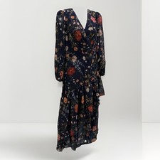 Eliza J Women 6 Navy Floral Print Long BalloonSleeve Faux Wrap Hi-Lo Maxi Dress