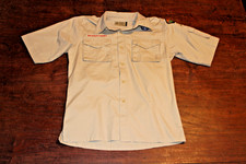 Boy Scouts of America BSA Youth Shirt Tan Large Sewn Patches Short Sleeve