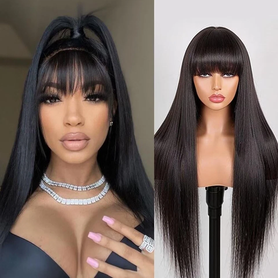Straight Wigs Human Hair with Bangs Human Hair Wig For Women None Lace Front Wig - Image 2 of 4