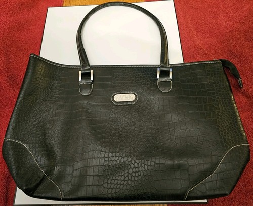 Bob Mackie Black Leather Bag, Flat Bottom & Zipper Closure - Picture 1 of 12