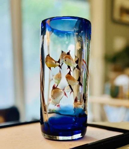 Vintage Murano Art Blown Glass Fish Aquarium Vase Blue