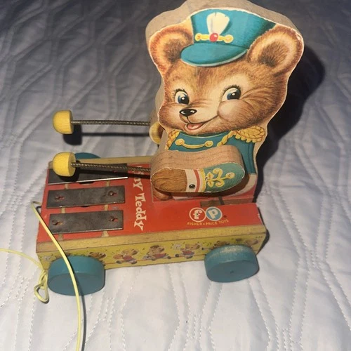 VINTAGE 1962 FISHER PRICE TINY TEDDY BEAR XYLOPHONE WOOD PULL TOY #635