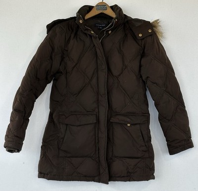 Lands' End Puffer Down Jacket Removable Hood Women's Small 6/8 Brown Fur Trim
