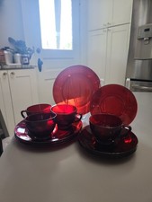 Anchor Hocking Ruby Red 3 pc Place Setting - Salad Plate, Cup & Saucer (4 Sets)