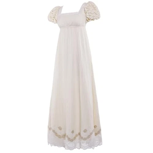 Vestidos Regency para Mujer Lujoso Vestido de Encaje Cintura Imperio Pequeño Beige Foto 3 de 4