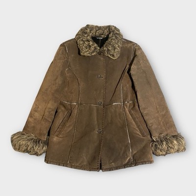 Wilsons Leather Pelle Studio Womens Small Suede Coat Shag Faux Fur Trim Lining S