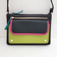 ili NY Multi Color Slim Crossbody Leather Bag Black Brights, Green, Pink 8" W