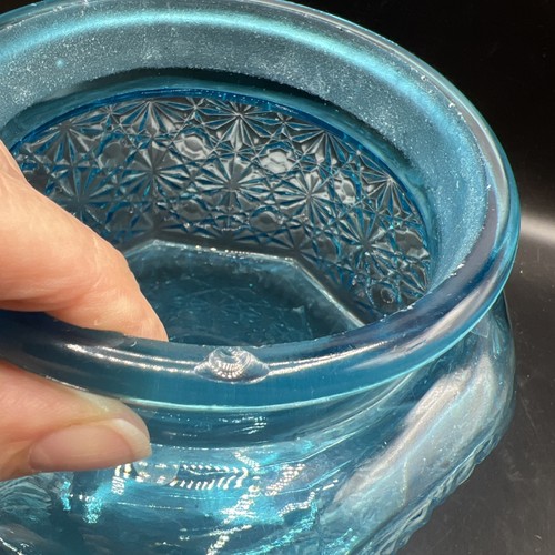 VTG LE Smith Blue Glass Lidded Canister Octagon Daisy & Button 6.5” Jar - Picture 8 of 8