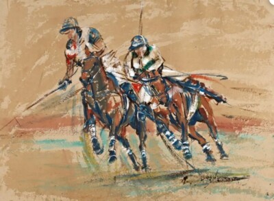 ELIZABETH ARMSTRONG ORIGINAL ''Domination Tactic Polo'' PONY PFERD Bauernhof GEMÄLDE