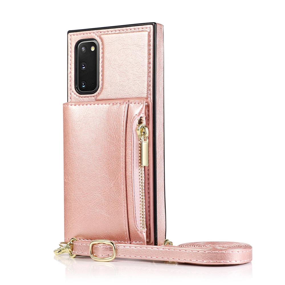 Phone Case PU Leather Credit Bank Card Holder Back Cover Shoulder Strap Cord