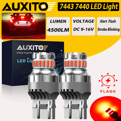 7443 Super Red Alert Flash Strobe Blinking LED Brake Tail Light Bulbs Lamp 2-8pc - Foto 13 di 15