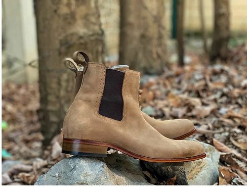 Men handmade beige suede leather 