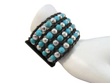 Unisex Wide Wrap Beaded Leather Bracelet with Snap Closures Size 6