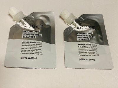 2x Acure Resurfacing Facial Glycolic Unicorn Root Cleanser Travel Sz Lot 0.67oz