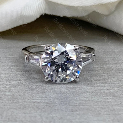 3.0 TCW Round Cut Moissanite Three Stone Engagement Ring 14k White Gold Plated
