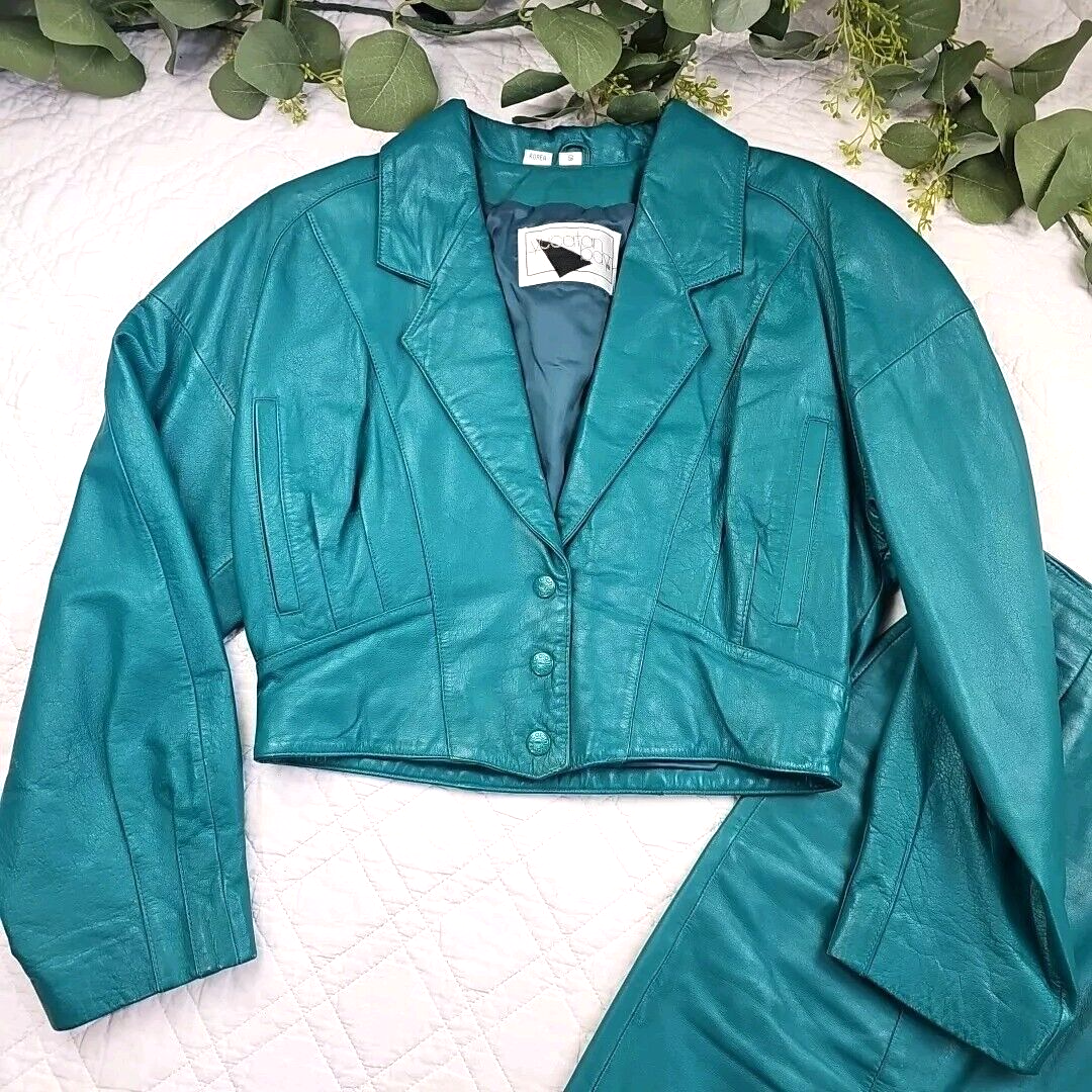 VTG Yucatan Bay Teal Green Leather Crop Jacket and Skirt Size S