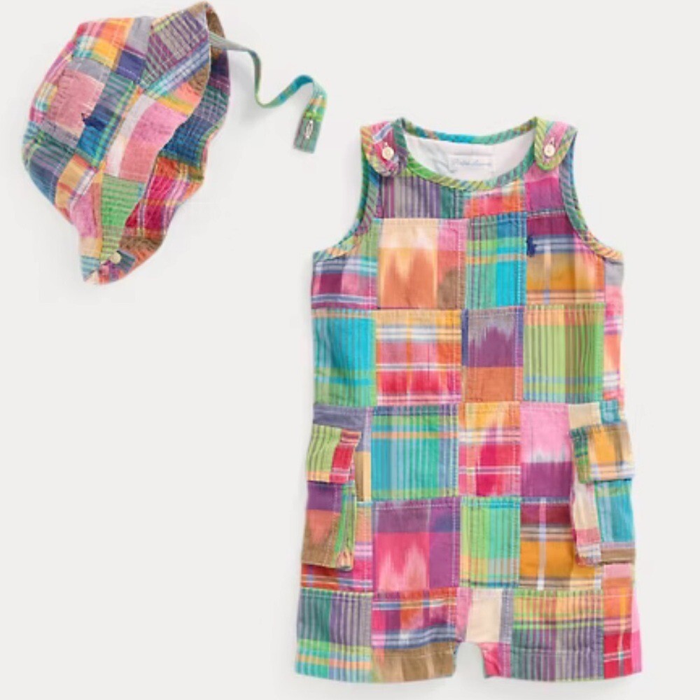 NWT Polo Ralph Lauren Baby Boy Madras Patchwork Romper with Matching Hat Preppy image 2