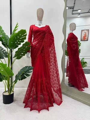 Bollywood Style Net Saree With Attractive Blouse For Reception And Party