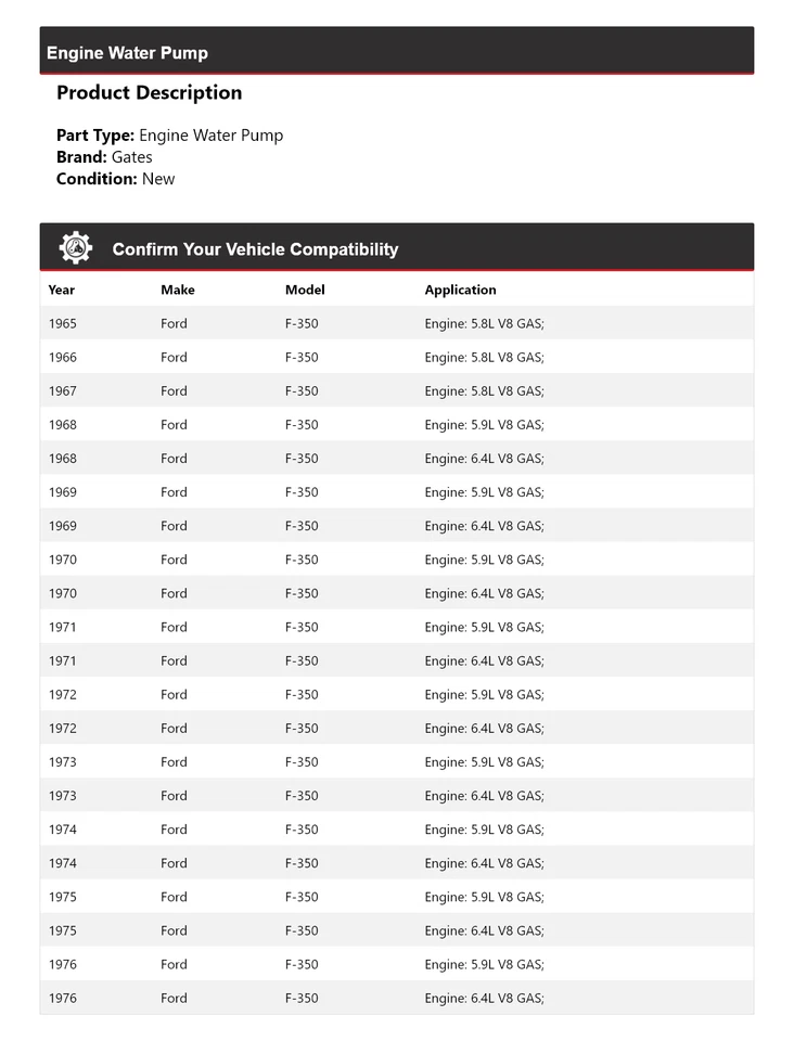 Para Ford F-350 1965-1976 motor bomba de agua puertas 1966 1967 1968 1969 1970 1971 Foto 2 de 4