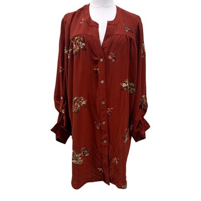 Fig & Flower Burnt Orange Embroidered Floral Boho Tunic Blouse Plus Size 2X 