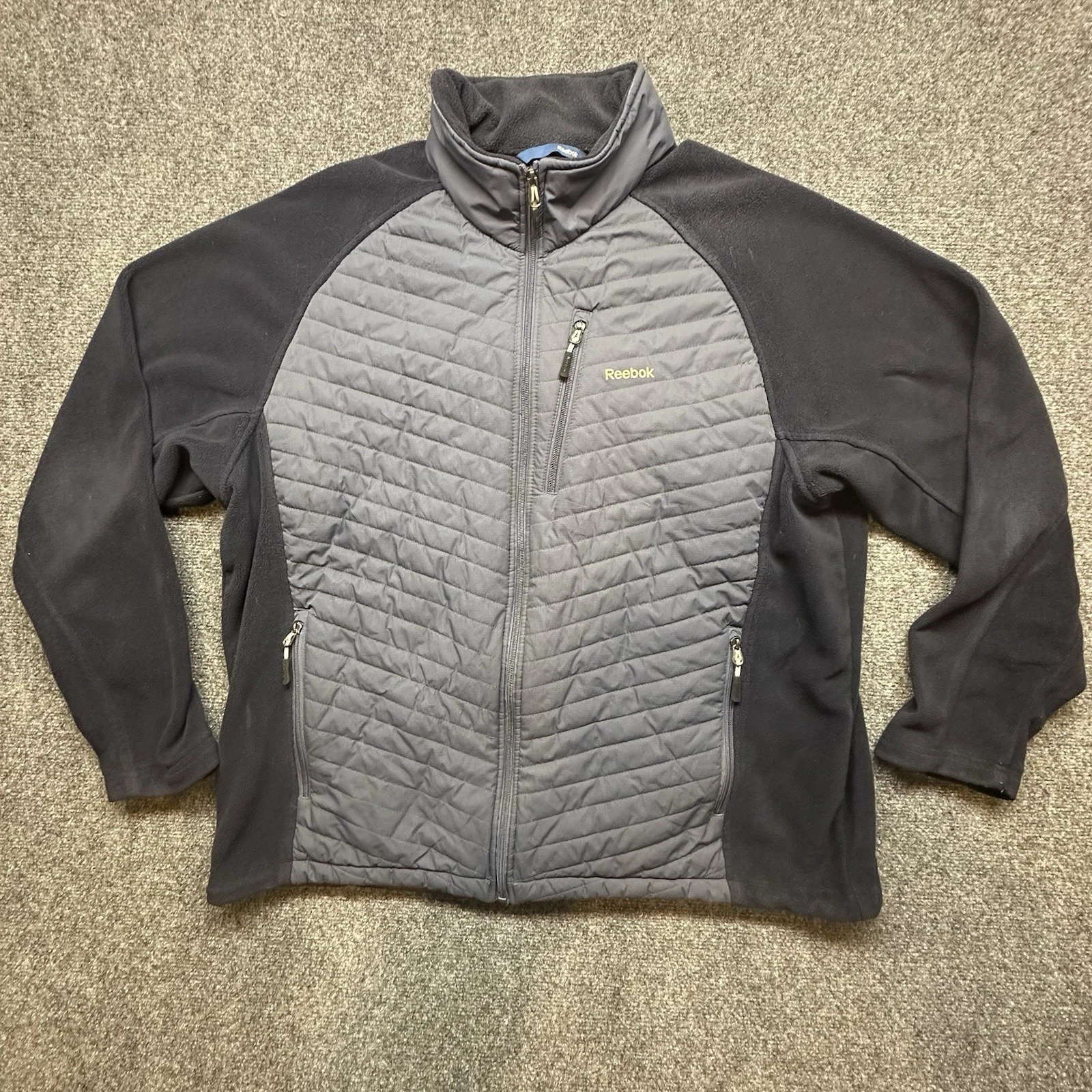 Reebok Men’s XL Quilted Front Fleece Jacket Full Zip Black Gray Hybrid Outdoor
