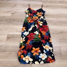 Lush Hawaiian Maxi Dress Floral Pattern Spaghetti Strap Wrap Tie Front Women's S