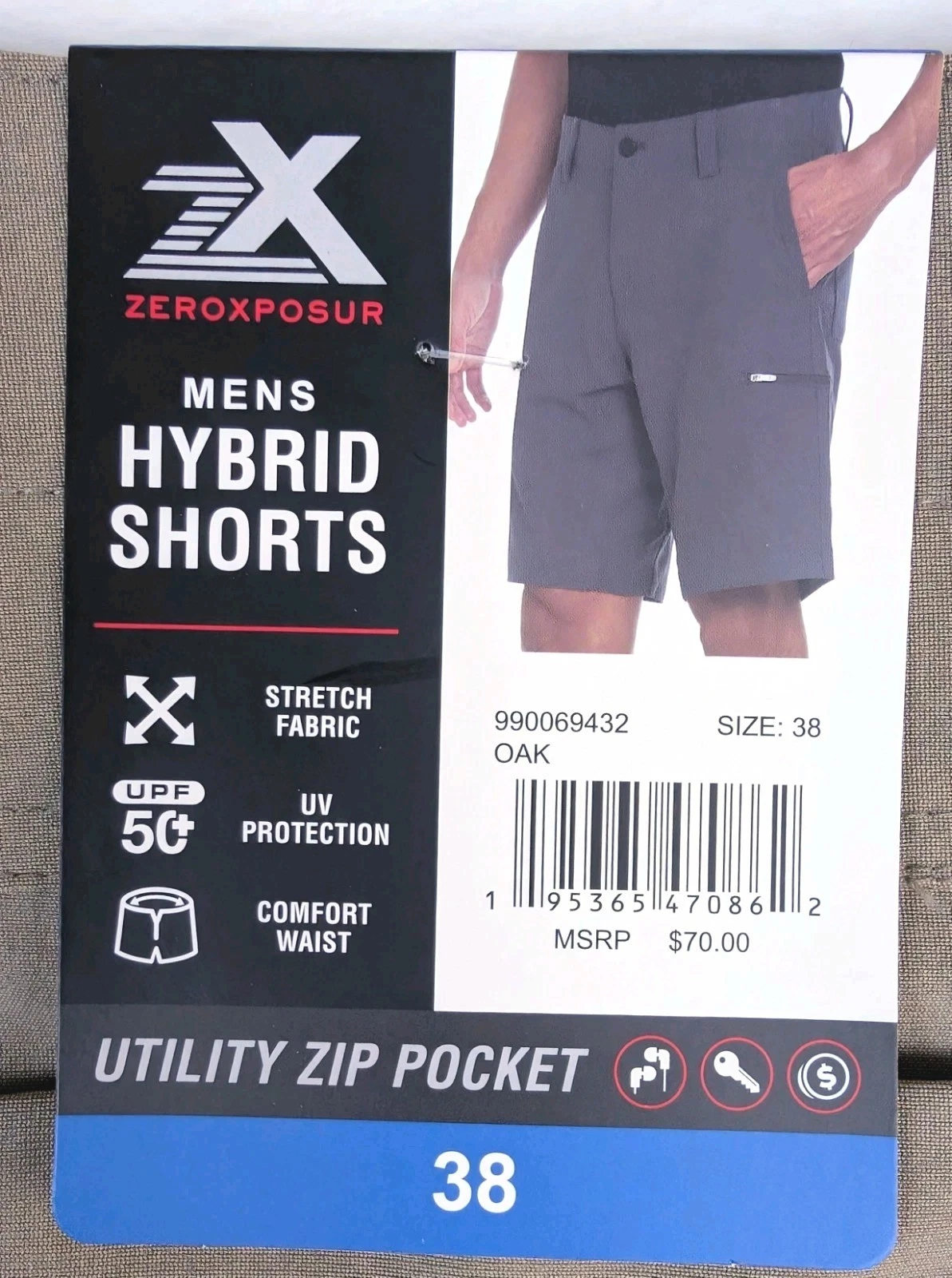ZeroXposur Hybrid Shorts Mens 38 Oak Utility Zip Pocket 4-Way Stretch UPF 50+