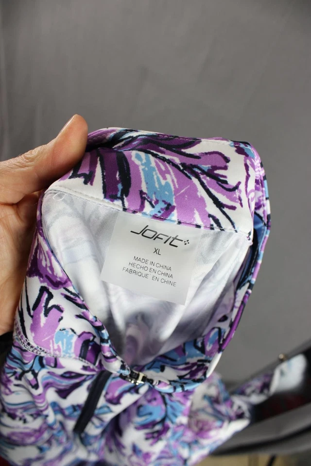 Jofit 女式蓝色紫色白色印花 1/4 拉链长袖衬衫上衣 XL — 第 3/4 张图片