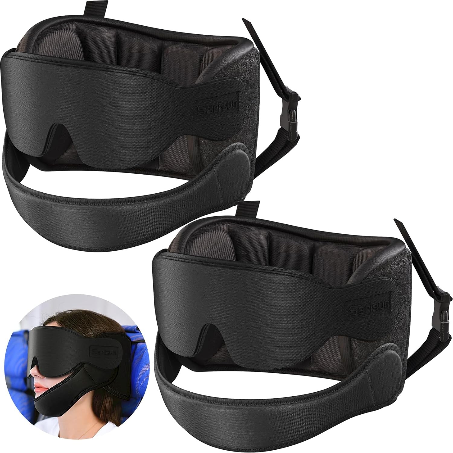 360° Travel Pillow & Eye Mask Set for Airplanes - 2 Black Pieces-image