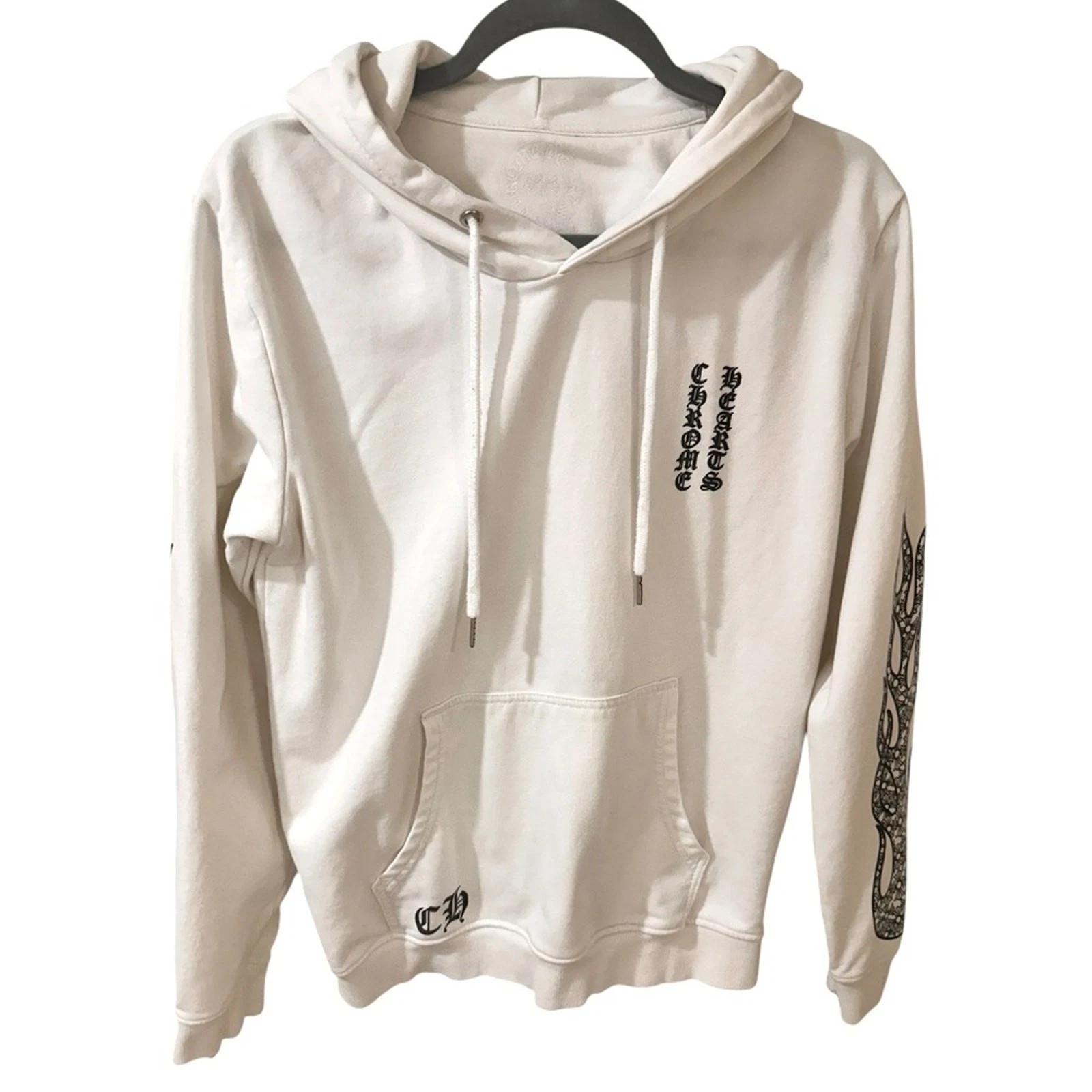 Chrome Hearts Vertical Logo Flames Sleeves White Kangaroo Hoodie, Size L
