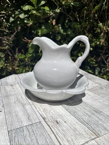 Vintage Frankoma Pottery White Pitcher  Wash Basin Bowl 30A & 30B Made In USA