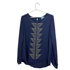 Francesca's Navy Studded Blouse Top Long Sleeve Gold Accents Women's Size L