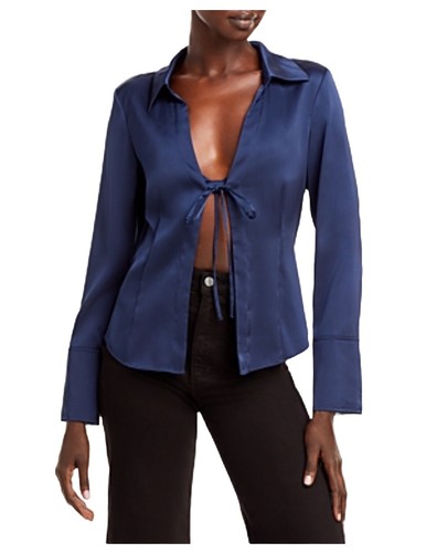 $345 JONATHAN SIMKHAI Santana Tie Front Slim Shirt Blouse with Bra S Midnight - Picture 4 of 12
